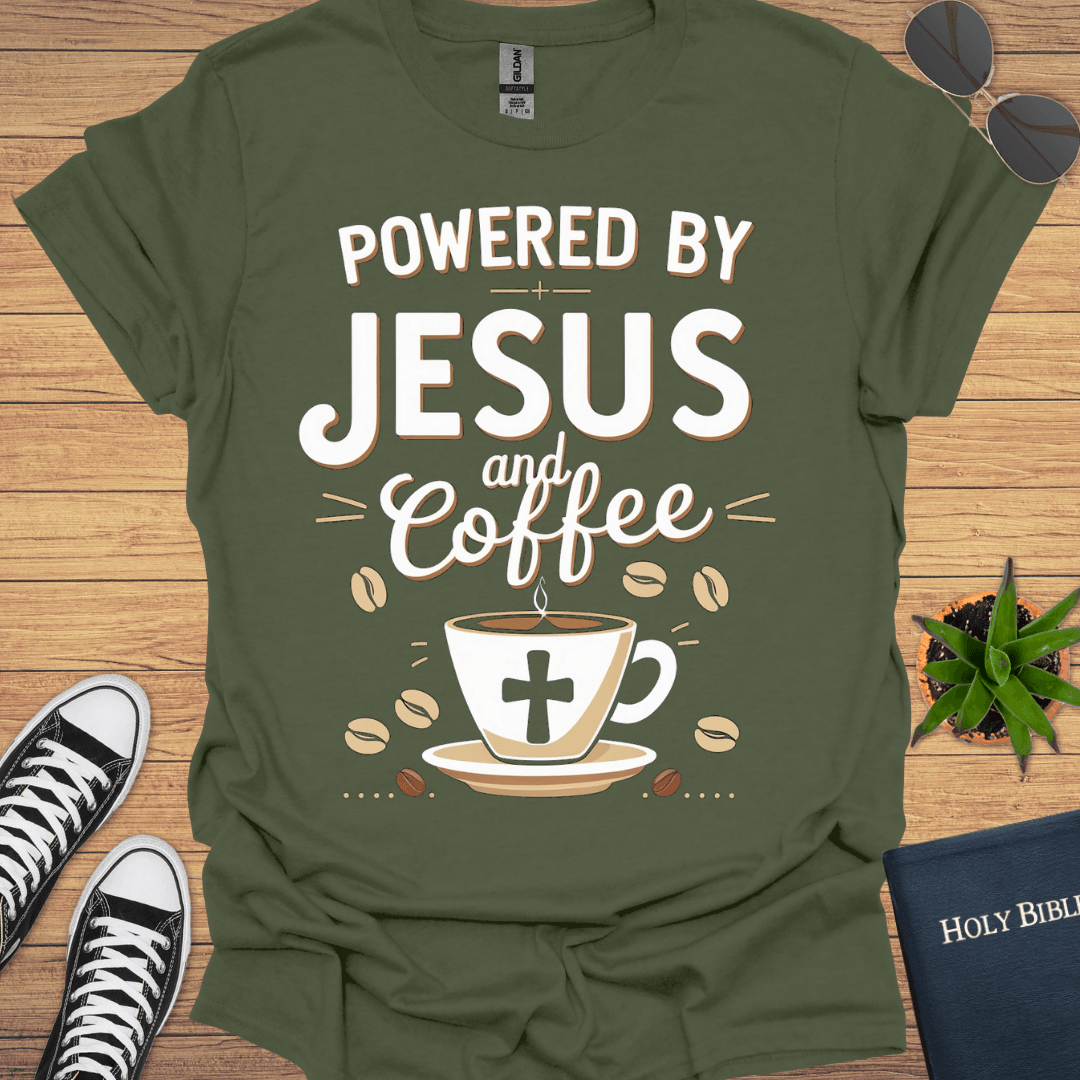 Powered by Jesus and Coffee T-Shirt - Christian Clothes