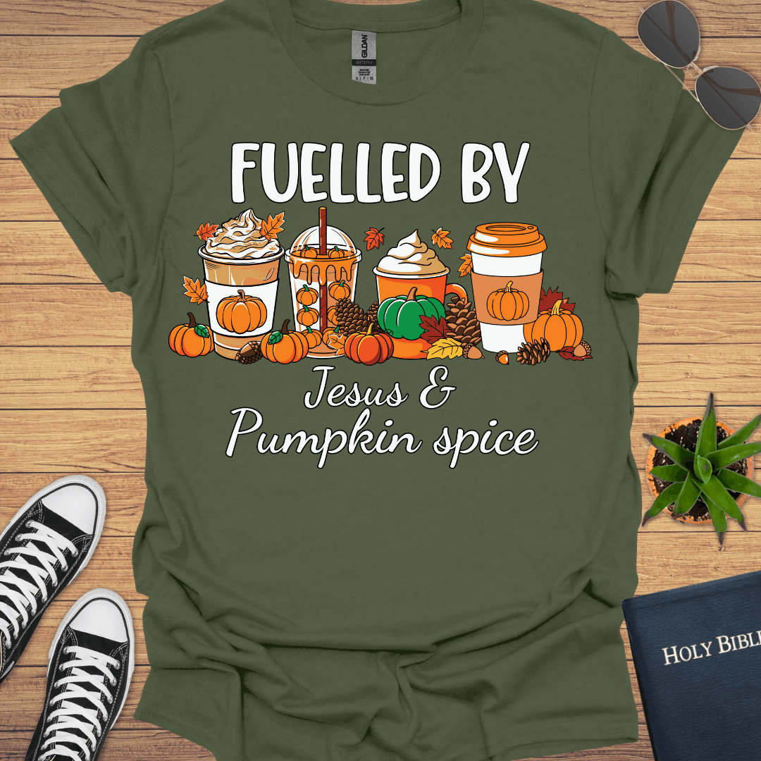 Fuelled By Jesus And Pumpkin spice T-Shirt - Christian Clothes